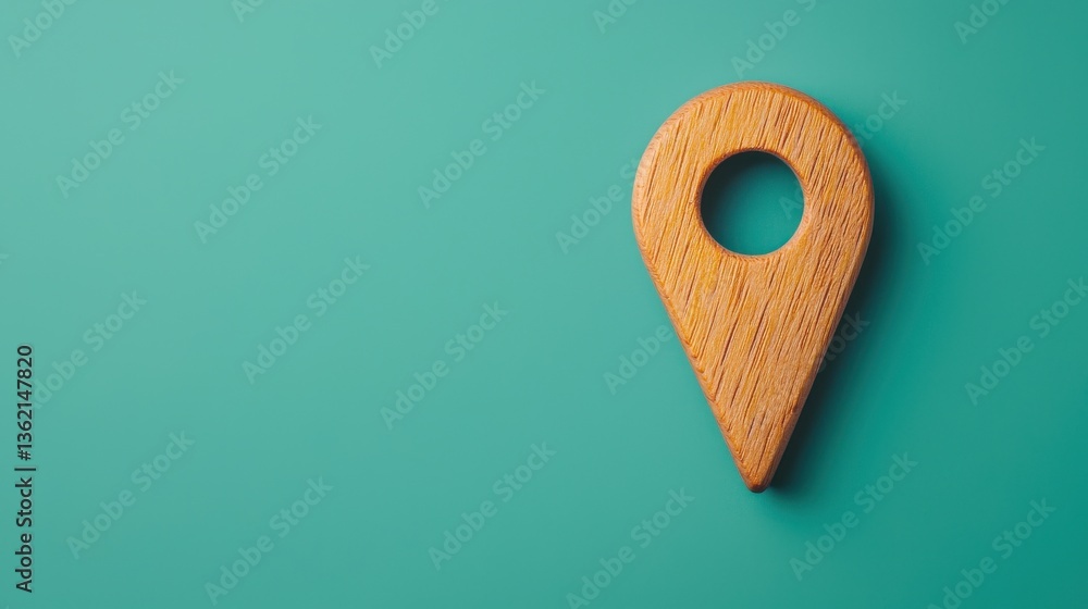 Poster closeup of a simple wooden navigation pointer icon on a vibrant turquoise background conveying the c
