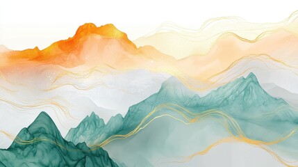 mountain and golden line arts background vector. Oriental Luxury landscape background design with watercolor brush and gold line texture. Wallpaper design, Wall art for home decor and prints.