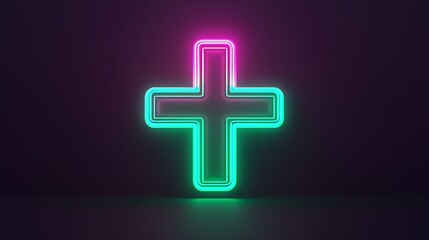 Fototapeta premium Glowing neon cross symbol on dark background.