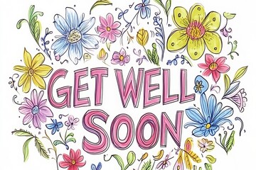 Get well soon greeting card with beautiful colorful flowers, AI Generated