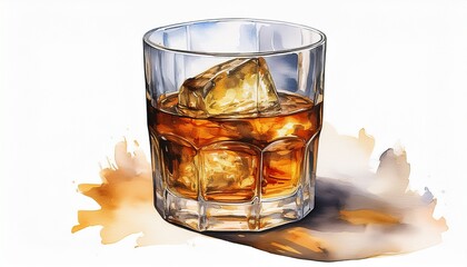 Watercolor glass of whiskey with ice isolated transparent background