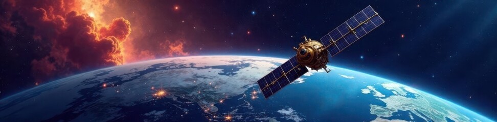 Naklejka premium Internet antenna on a space satellite above the stars and planets, satellite dish, internet