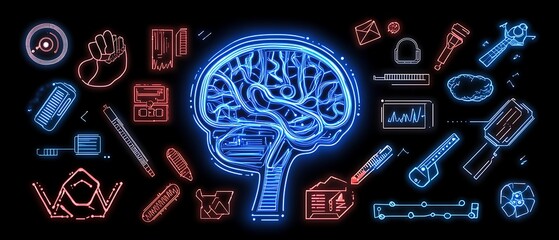 Brain Tech Icons Dark Background