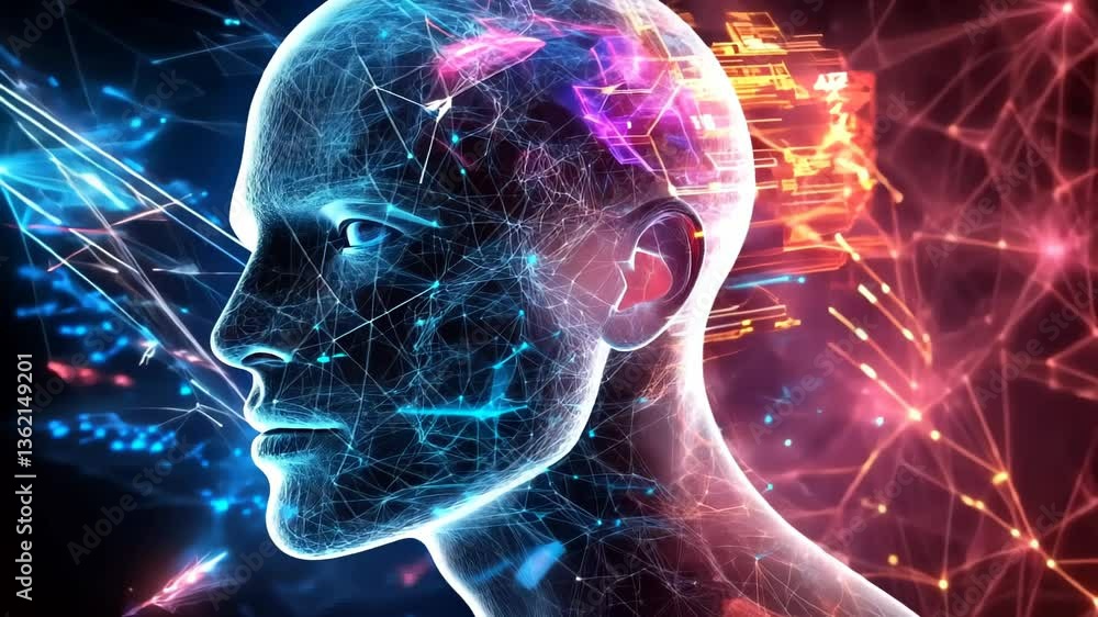 Poster exploring the connection between artificial intelligence and human cognition in a futuristic setting