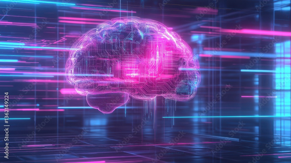 Poster digitalized brain surrounded by vibrant neon lights representing the power of intelligence and the c