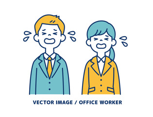 号泣する、男女の会社員のシンプルなベクターイラスト素材＿線の編集可能