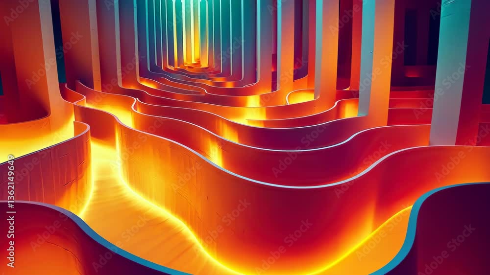 Poster abstract colorful wave patterns in a futuristic tunnel.