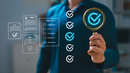 User holding magnifying glass, reviewing steps through document, concept of policy and compliance...