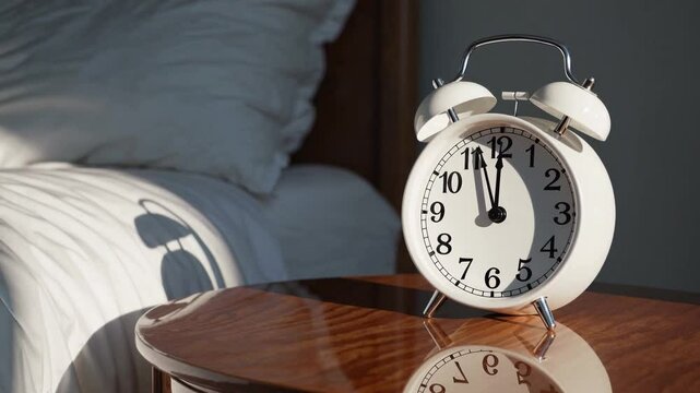Vintage alarm clock showing time on bedside table  