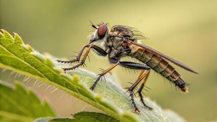 Naklejka premium Macro Shot of a Robber Fly Resting on a Leaf 