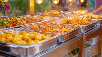 Fototapeta premium Lavish buffet spread showcasing a wide variety of appetizing and gourmet dishes including hot and cold foods salads pasta rice meats seafood vegetables