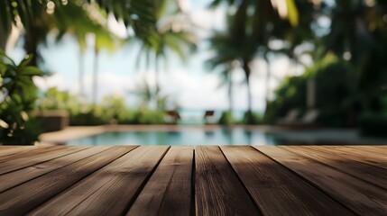 A tropical resort setting with a wooden deck and pool  long title A tranquil tropical resort setting featuring a wooden deck overlooking a pool with