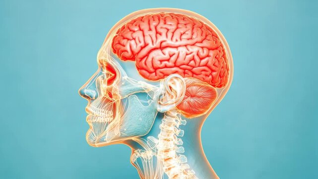 Anatomical model of a human brain and skull side view.