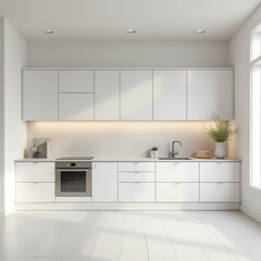 Modern white kitchen interior with contemporary design, clean surfaces, and elegant furniture in a spacious home setting