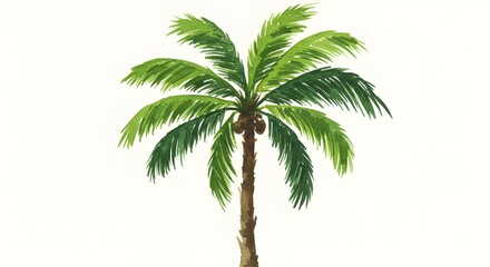 A vibrant watercolor painting depicts a single, tall palm tree against a white background, showcasing its lush green fronds and brown trunk.