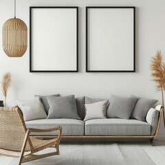 Minimalist living room interior with sofa, pampas grass, and empty frames.