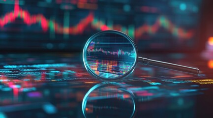 Magnifying glass focused on financial data