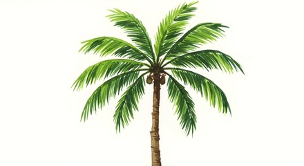 A vibrant watercolor painting depicts a single, tall palm tree against a white background, showcasing its lush green fronds and brown trunk.
