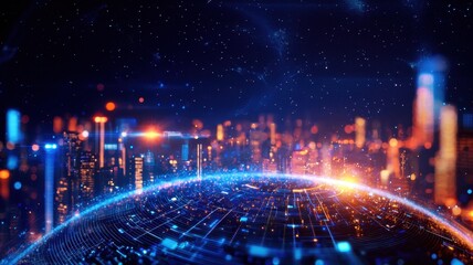 Obraz premium Illuminated cityscape merging abstract technological with digital globe, symbolizing global network connectivity and background advancement