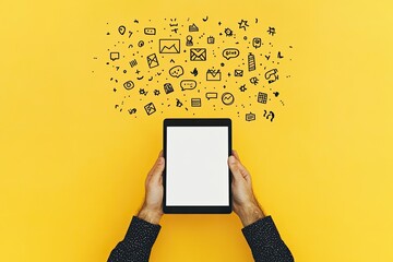 Hands holding a tablet with digital communication icons