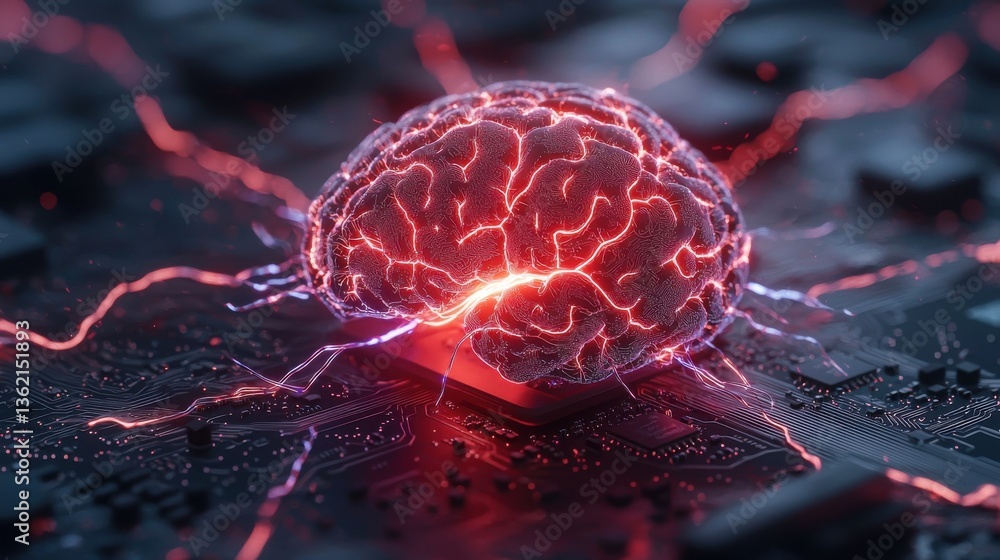 Poster glowing red neural network discharging electrical impulses and synaptic connections in the brain