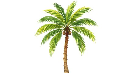 Obraz premium A vibrant watercolor painting depicts a single, tall palm tree against a white background, showcasing its lush green fronds and brown trunk.