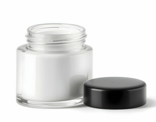 Isolated Glass Jar Containing White Cream Product with a Black Lid
