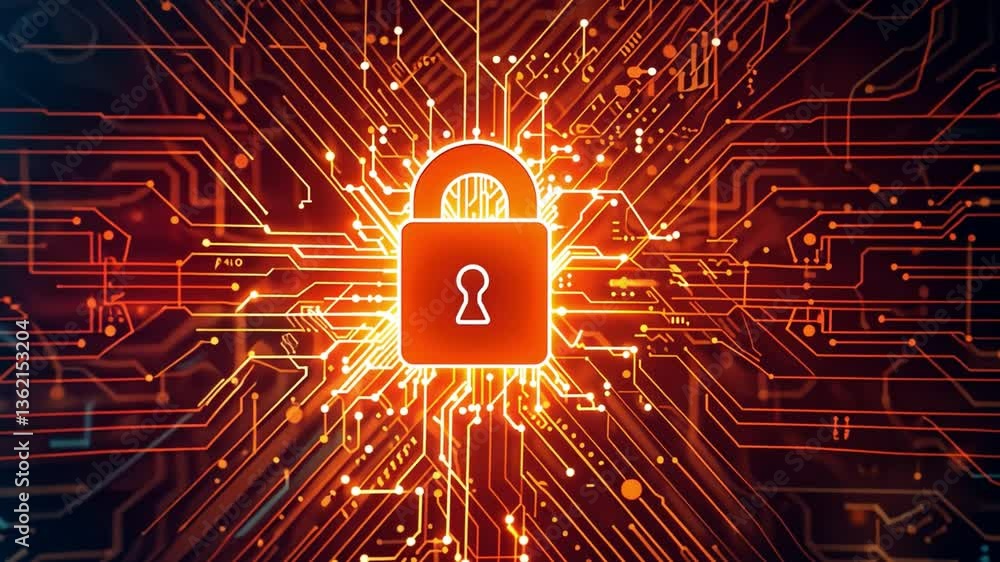 Poster glowing padlock symbol cybersecurity and digital protection design with vibrant circuit patterns, ev