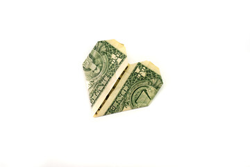 One dollar folded into heart isolated on white background. Money origami