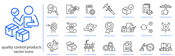 quality control products, icons, testing process product icon set, production audit simple symbols, linear vector illustration, outline editable stroke