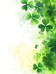 Artistic Saint Patrick Day abstract background with watercolor shamrocks and a bright blank area