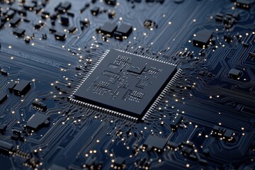 High-tech digital circuit board with glowing blue lights