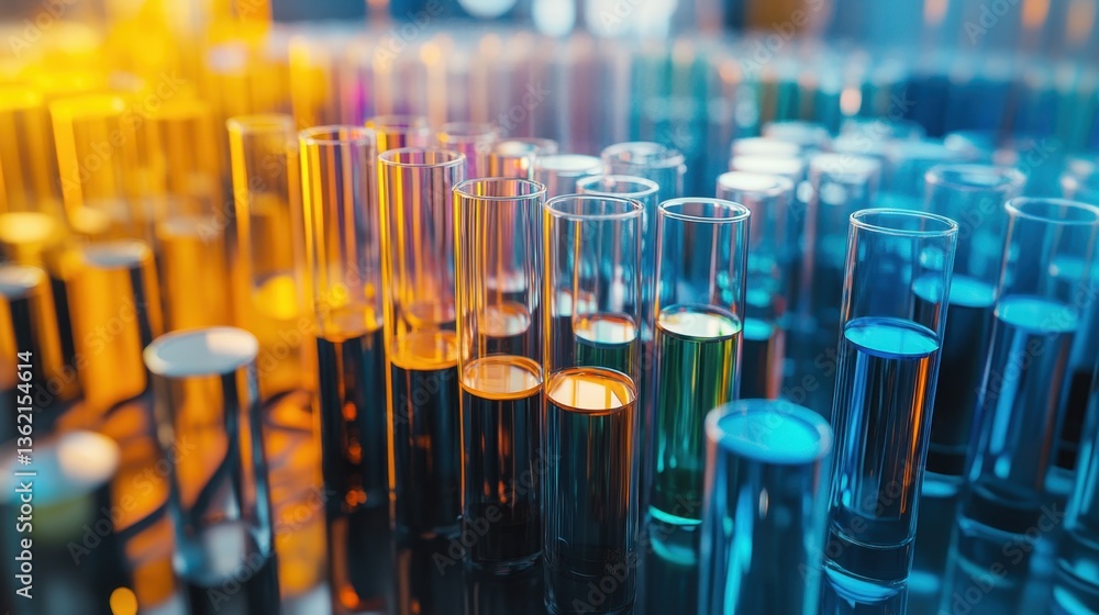 Poster a biotechnology research lab with an array of test tubes filled with colorful liquid samples.