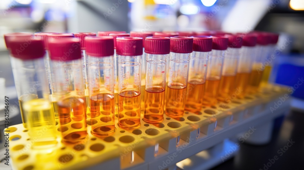 Poster a biotechnology research lab with an array of test tubes filled with colorful liquid samples.