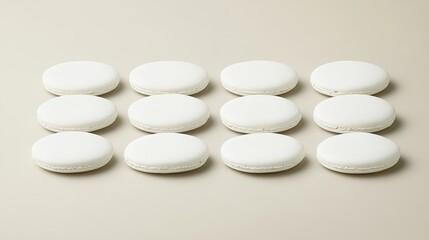 White macarons arranged on beige background, studio shot, food photography, baking