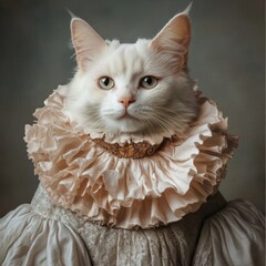 White cat wearing an elaborate ruffled collar reminiscent of attire from the Renaissance or Baroque period