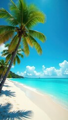 Fototapeta premium Palm trees stand tall along a sun-kissed beach with powdery white sand and crystal clear turquoise water, turquoise, film grain