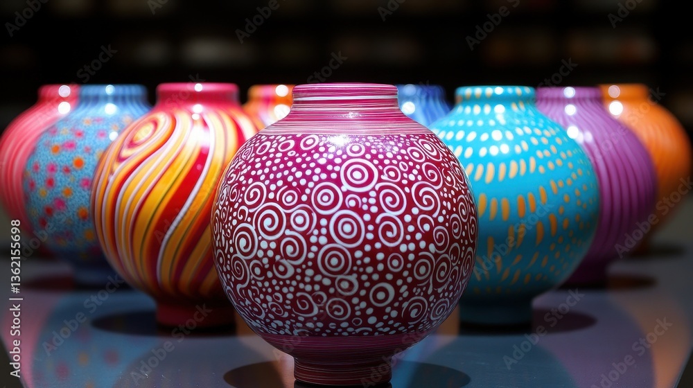 Poster several colorful vases with detailed patterns arranged in a group