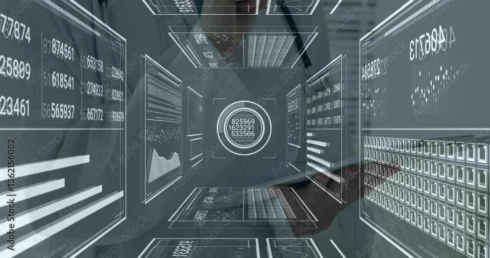 Poster animation of digital data and graphs in futuristic virtual school interface