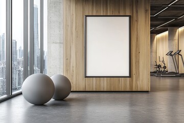Modern gym interior with city view.  Large blank poster