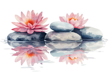 Two pink water lilies bloom atop smooth stones, reflecting elegantly in a serene water surface.