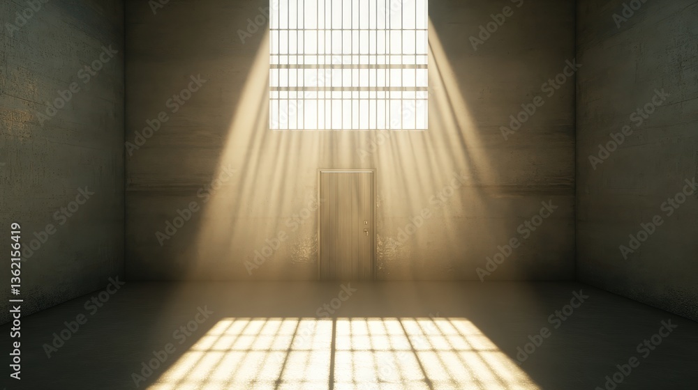 Poster a dimly lit room with sunlight streaming through barred windows, creating a dramatic interplay of li
