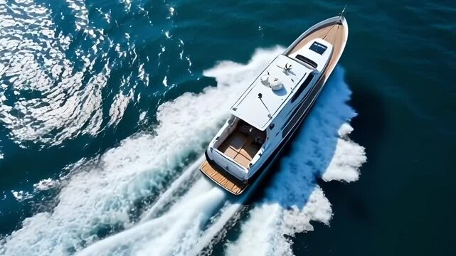 Bird eye view of a boat speeding through the blue ocean waves Vogelperspektive eines Bootes, das durch die blauen Ozeanwellen beschleunigt, generative AI