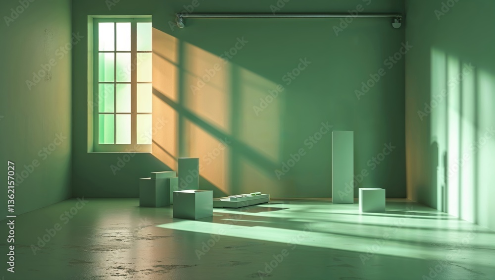 Poster minimalist room with geometric shapes and natural light creating unique shadows in a vibrant color p