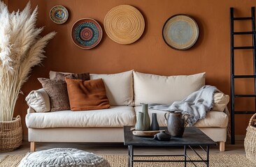 A living room wall with brown terracotta paint, decorated in a boho style with leather and wood elements.