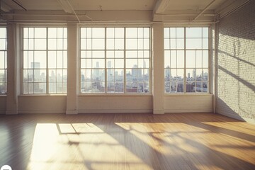 Empty loft space with city views