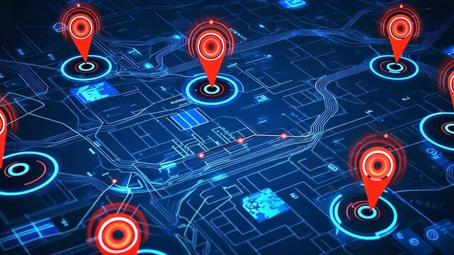 Digital map with location markers showcased in a high-tech environment highlighting urban navigation and geolocation technology