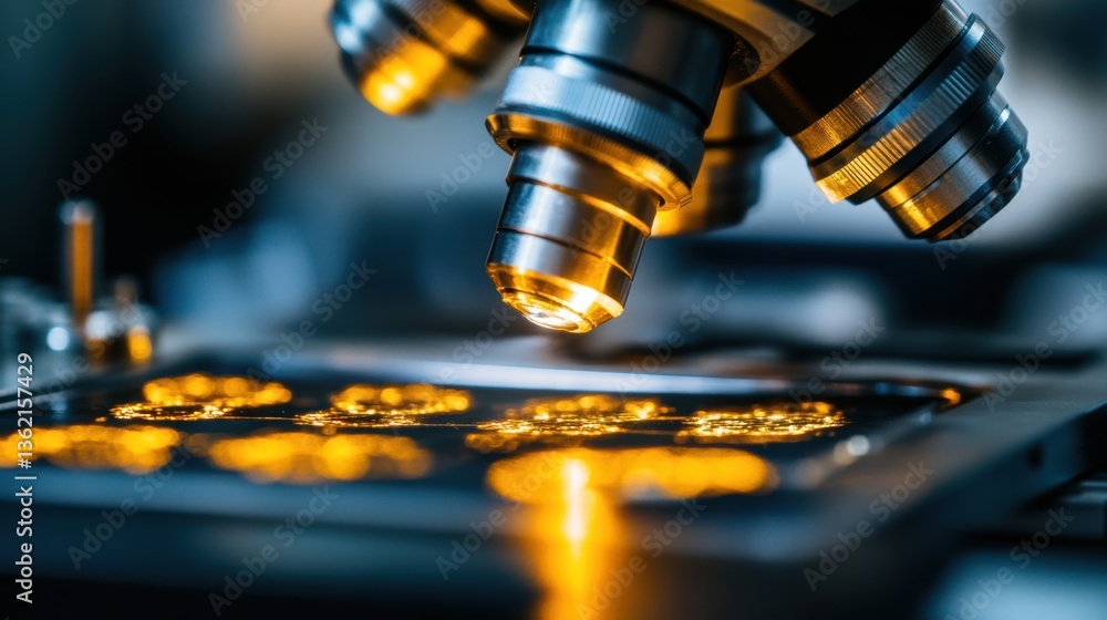 Poster a close-up of microscopic cellular structures being analyzed in a futuristic biotech research center