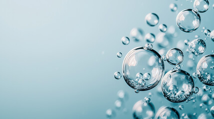 Hydrogen fuel future Clear hydrogen gas bubbles rising in blue liquid background