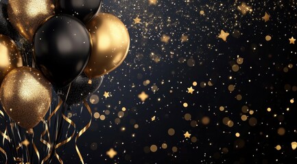 An elegant digital background with black and gold balloons, glittering stars, streamers